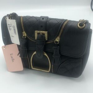 Luella Black Carmen Biker Heart Charm  Quilted Leather Purse Shoulder Bag